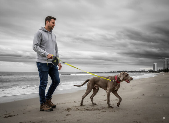 Wandelen aan de zee met mijn hond aan de beste hondenriem Flexi Giant Tape